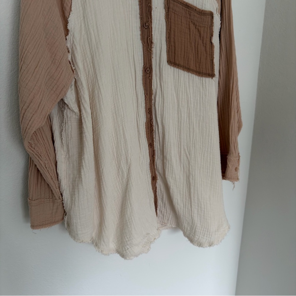 AERIE Gauze Coverup Shirt Long Sleeve Beige Tan Colorblock Size XL Women’s - Picture 3 of 8